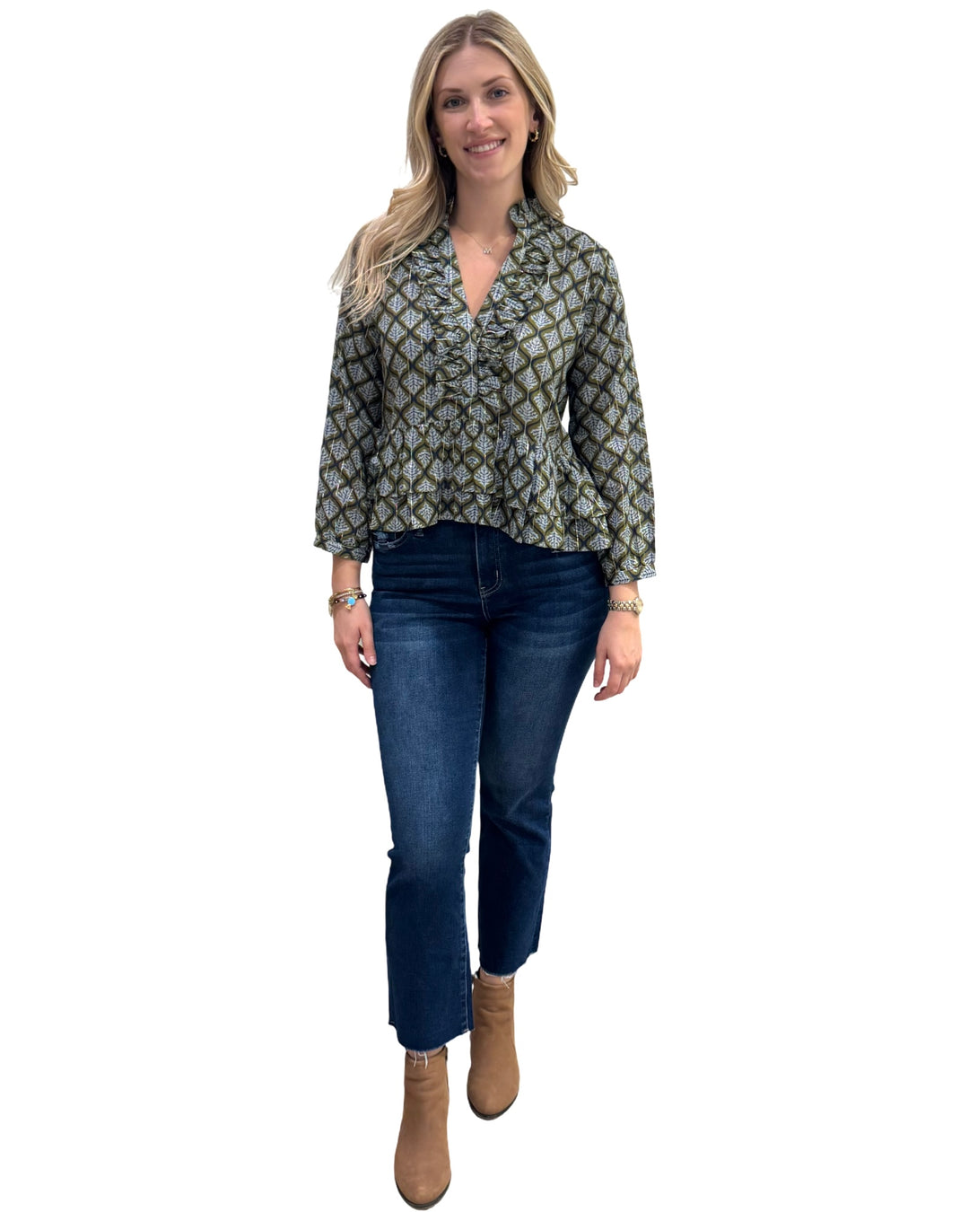 The Bella Ruffle Trim Top in Green Grey Silver Lurex — view 7