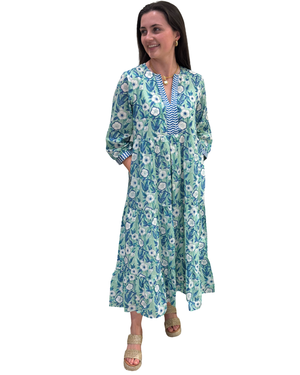 The Daniella Emboidered Trim Dress in Aqua Blue Hand Block Printed Floral — view 2