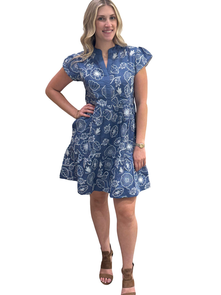 The Preston Embroidered Short Sleeve Dress in Blue white — view 5