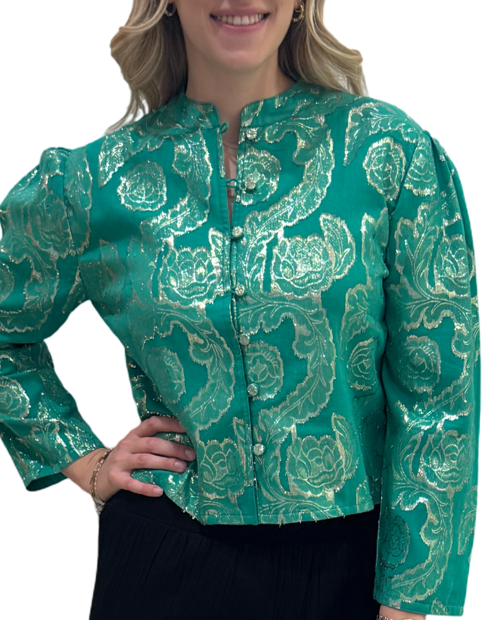 The Adelaide Button Front Jacket Top in Emerald and Gold — view 3