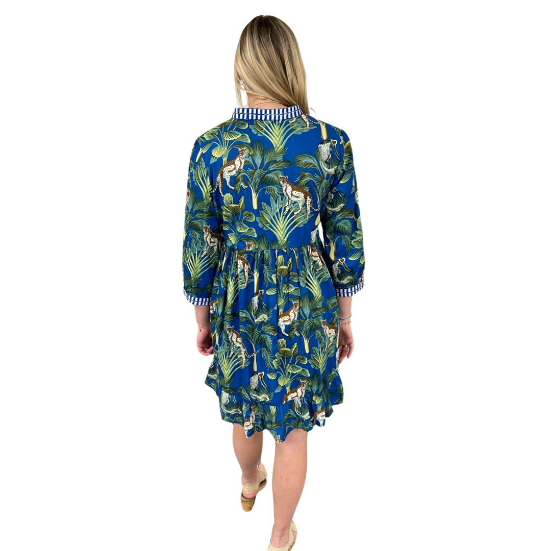 The Morley Jungle Print Cotton Embroidered Trim Dress in Blue — view 6