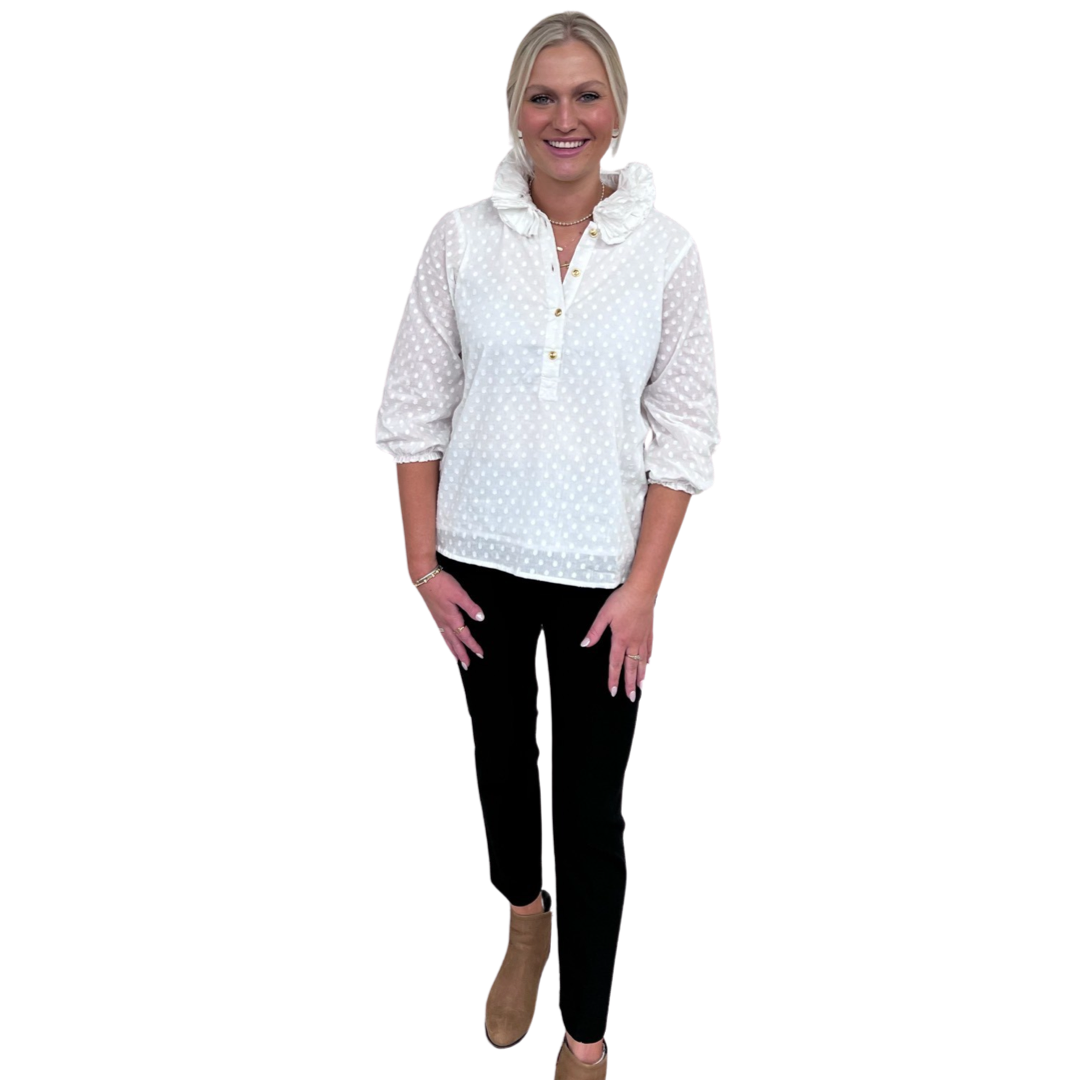 The Maria Ruffle Neck Top in White on White Dot — view 5