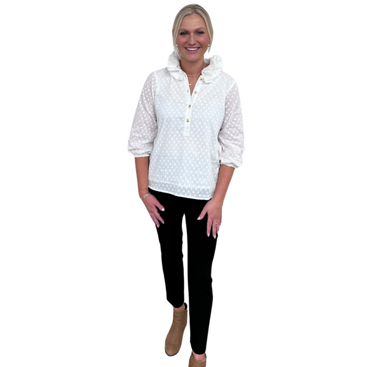 The Maria Ruffle Neck Top in White on White Dot — view 5
