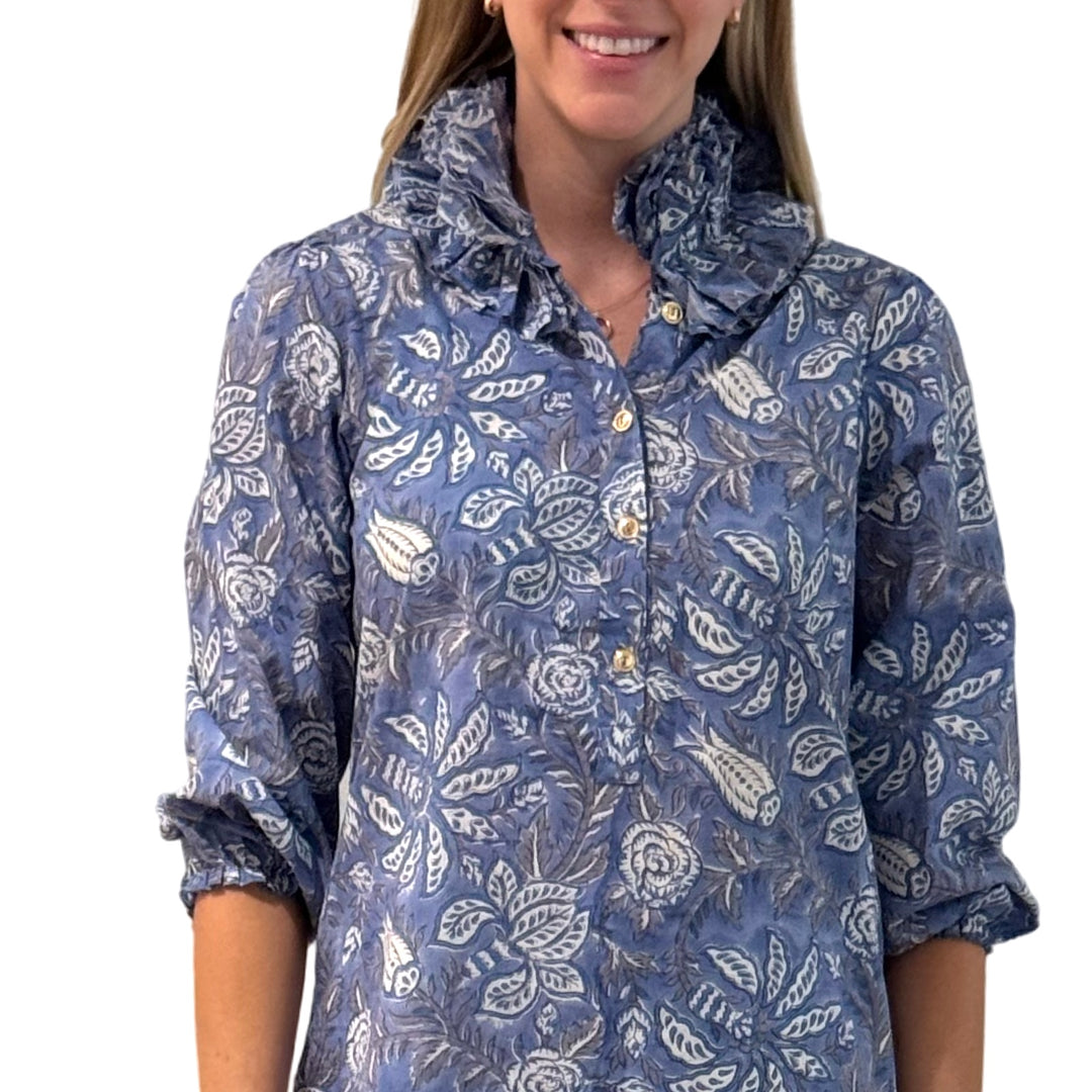 The Maria Ruffle Neck Blouse in Cotton Hand Blocked Blue Grey Floral — view 5