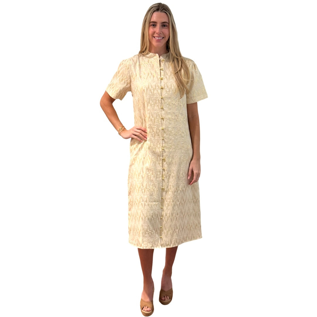 The Tabitha Button Front Dress in White and Gold Jaquard