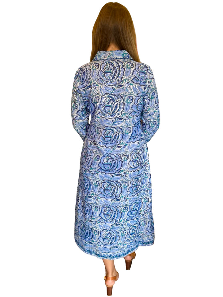 The Annika Long Length Dress in Blue Hand Block Printed Floral