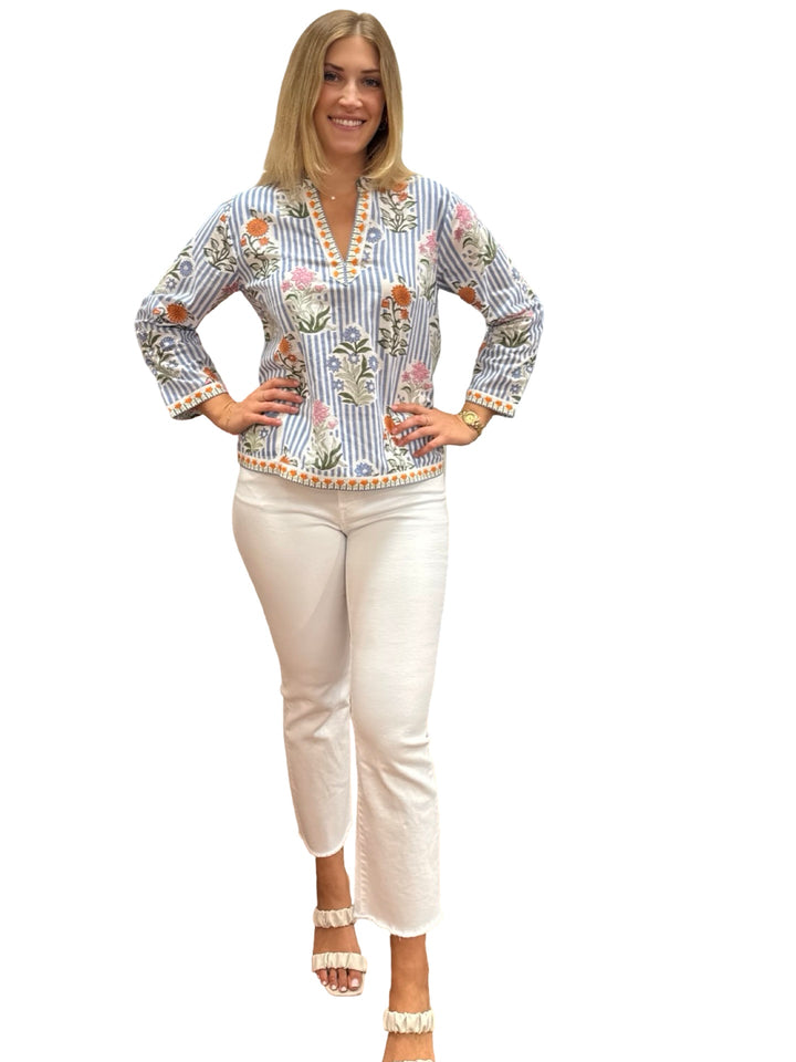 The Kelsea Top in Blue Striped Floral — view 3
