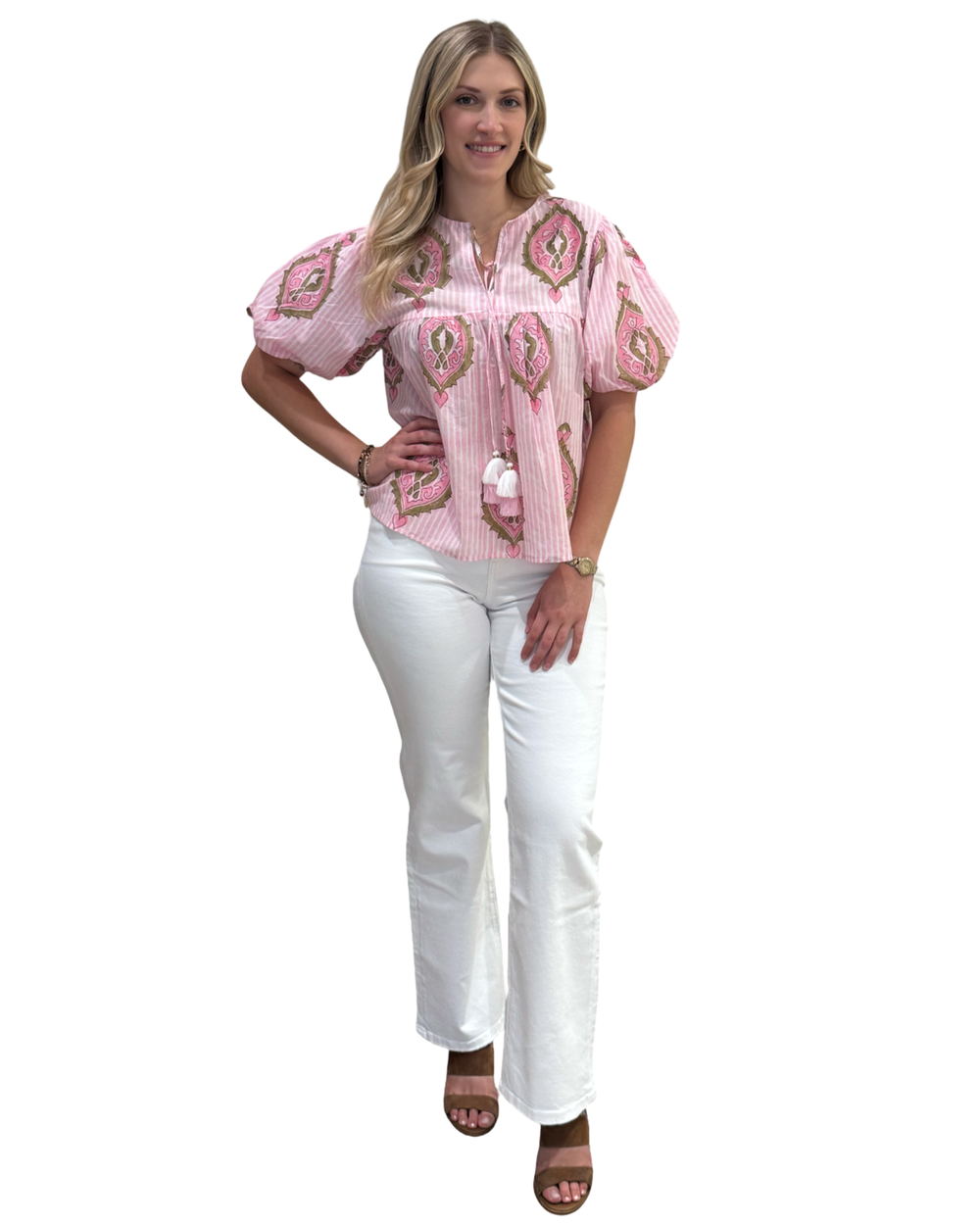 The Poppy Puff Sleeve Top in Pink and Mocha Hand Block — view 2