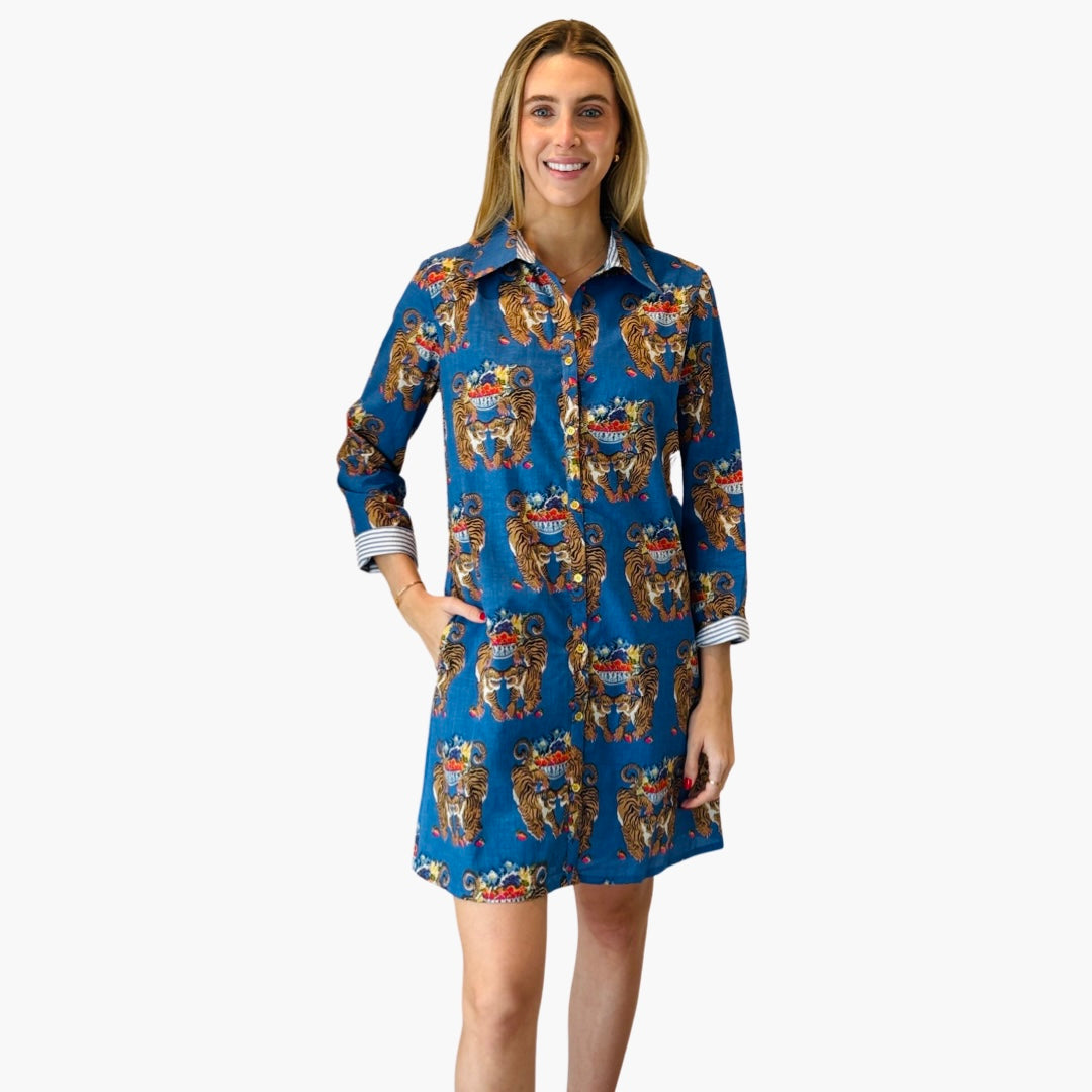 The Cullen Button Front Shirt Dress in Royal blue Twinning Tiger Cotton — view 3