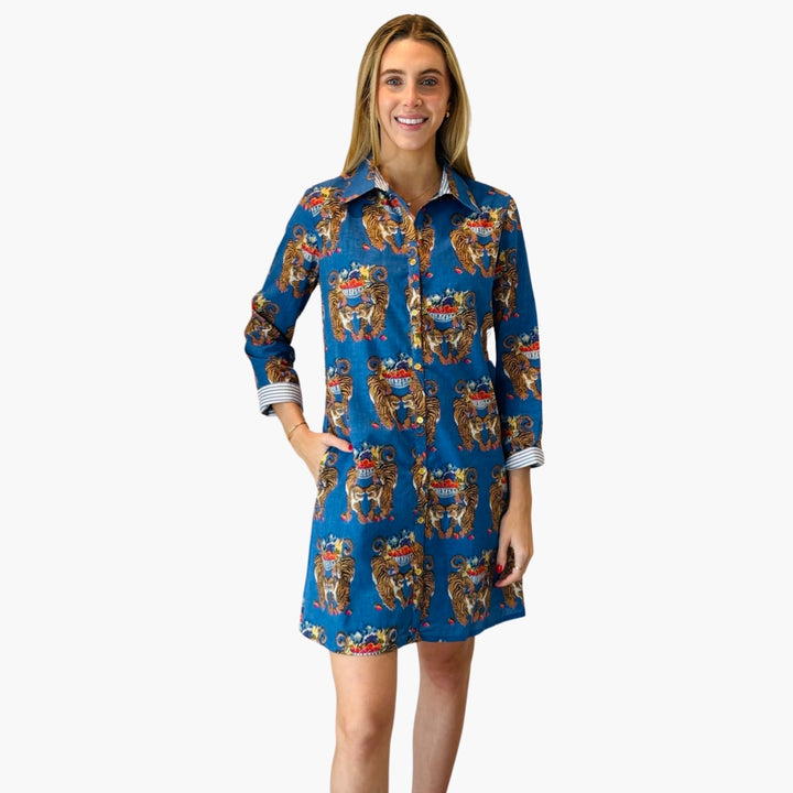 The Cullen Button Front Shirt Dress in Royal blue Twinning Tiger Cotton — view 3