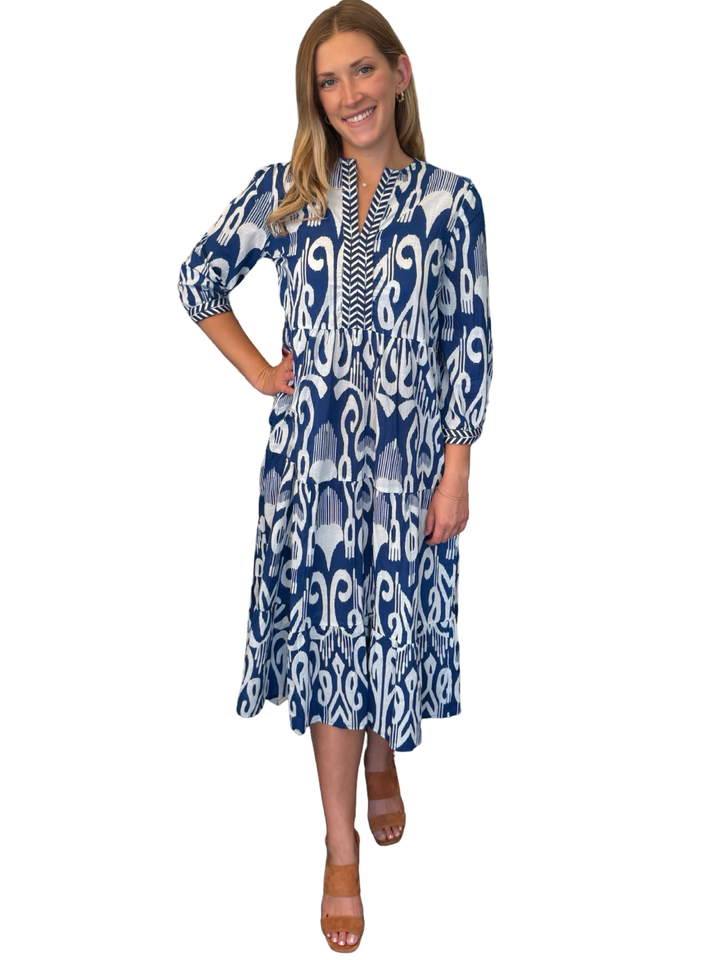 The Daniella Embroidered Trim Dress in Royal Blue Ikat