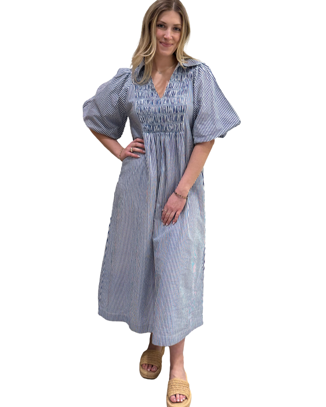 The Joanie White Blue Striped Short Sleeve Smocked Dress