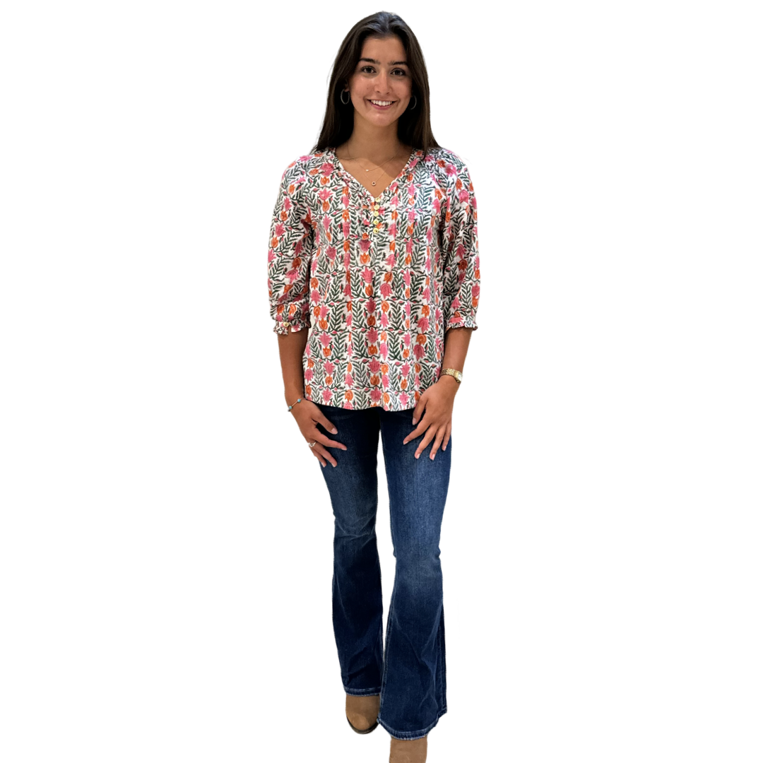 The Izzy Button Front Top in Coral Green Hand-Blocked Cotton — view 5
