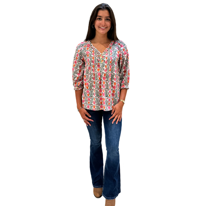 The Izzy Button Front Top in Coral Green Hand-Blocked Cotton — view 5