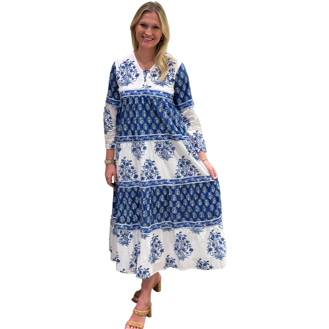 The Frances Hand Block Printed Floral Dress in Blue White