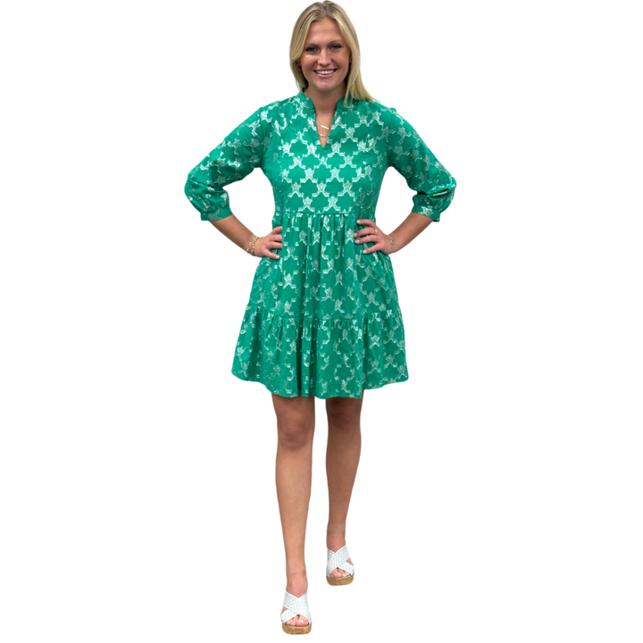 The Preston Metallic Dress in Jade Green and Silver