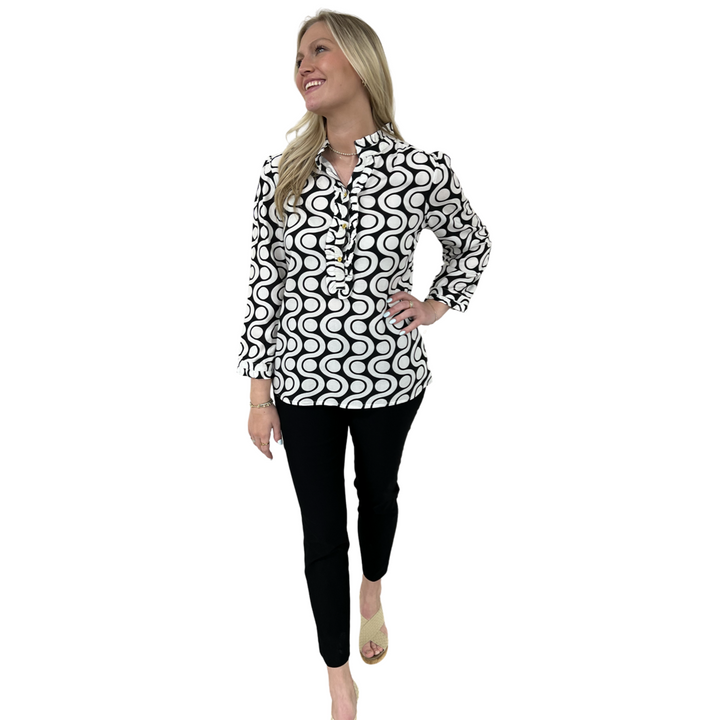 The Carrie Ruffle Trimmed Top in Black and White — view 3