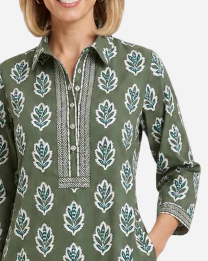 The Annika Cotton Hand Block Printed Dress in Army Green