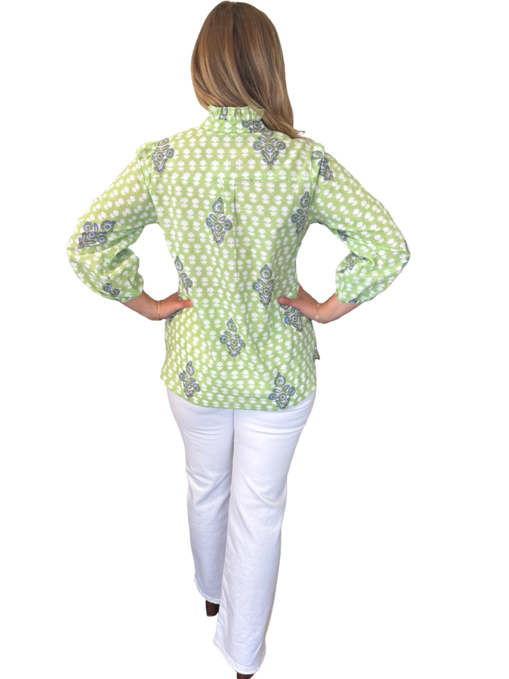 The Tricia Cotton Top in Light Green Hand Block Printed Cotton