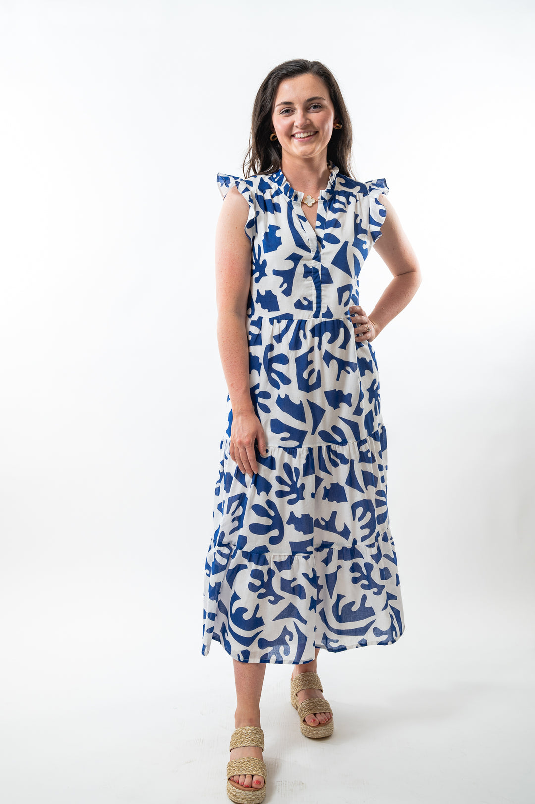 The Campbell Flutter Sleeve Dress in White and Blue Cotton