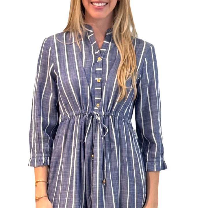 The Hamilton Chambray Stripe Tie Waist Dress in Blue and White — view 7
