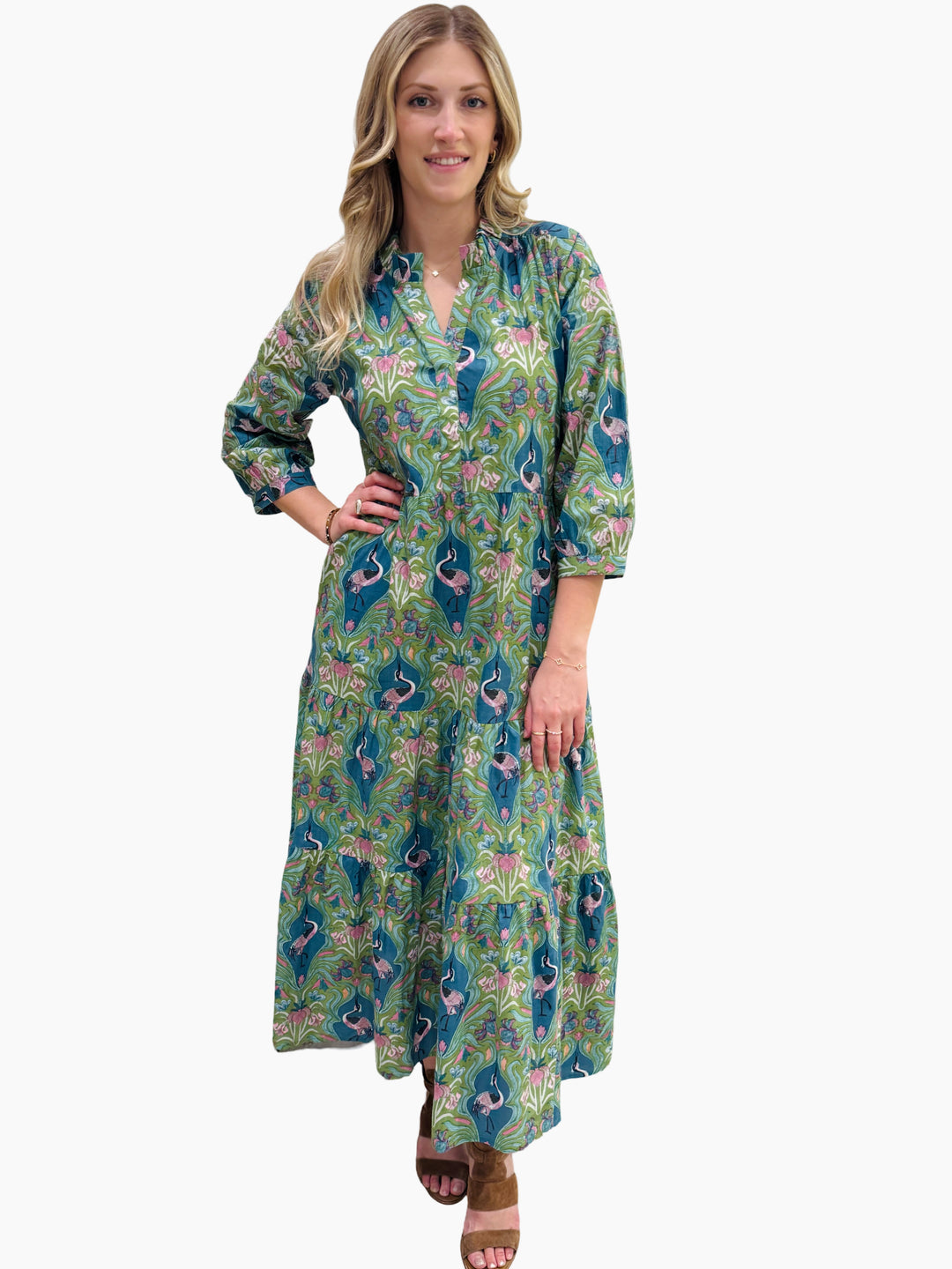 The Campbell Cotton Dress in Blue Green Bird Print