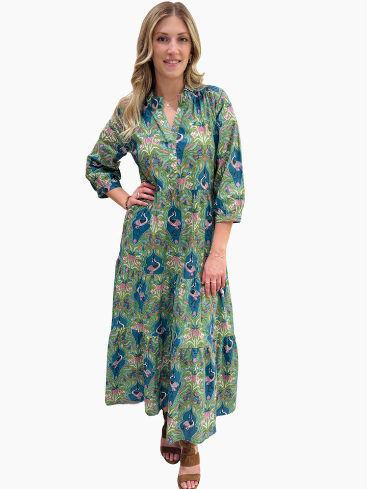 The Campbell Cotton Dress in Blue Green Bird Print