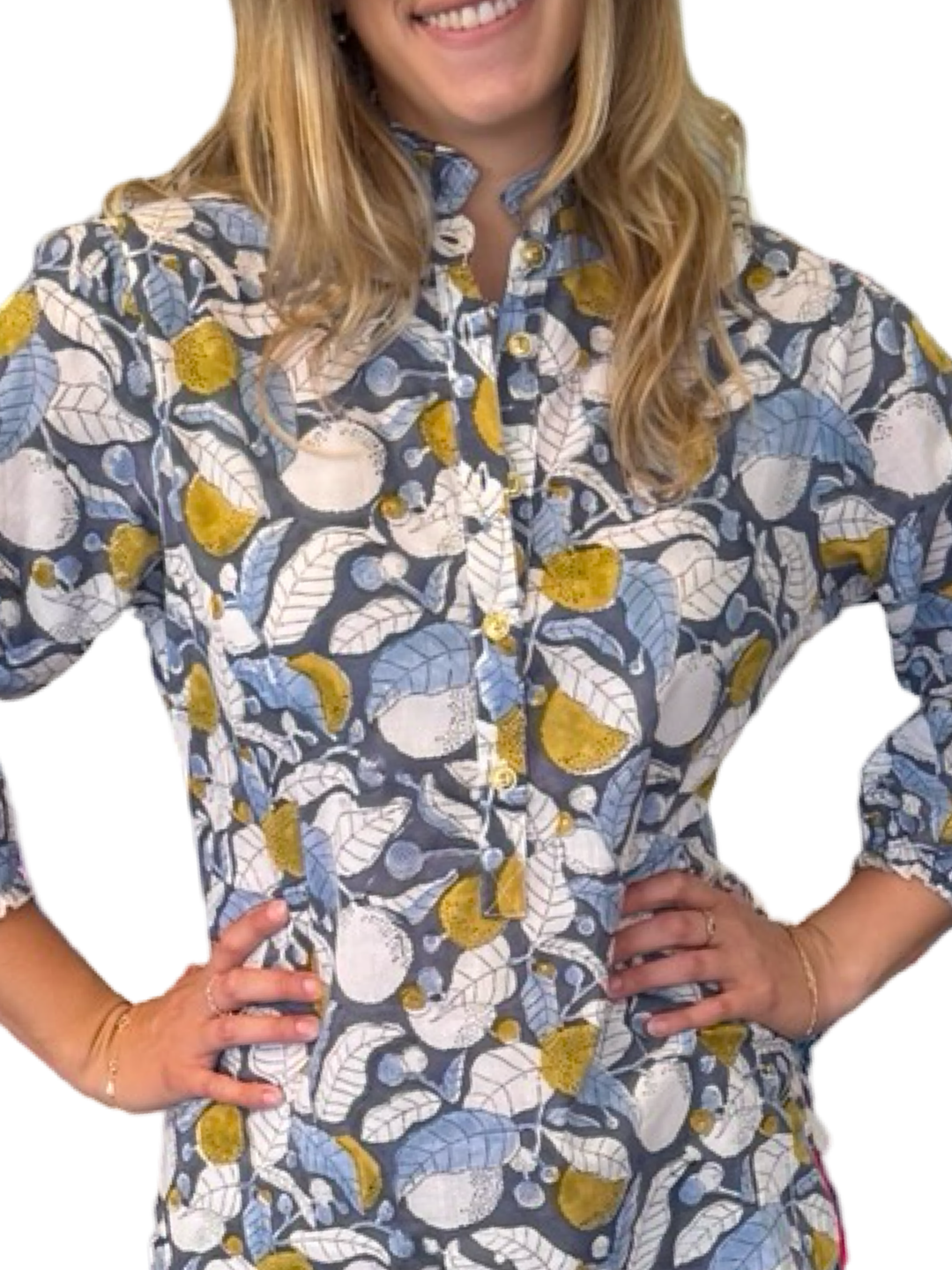 The Tricia Ruffle Trim Top in Grey Blue Leaf Print