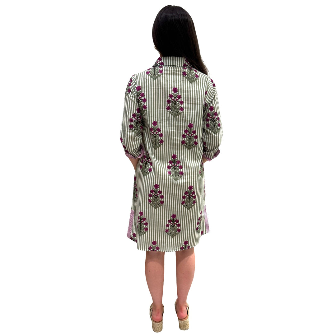 The Lisette Cotton Green Striped Floral Side Pocket Dress — view 6