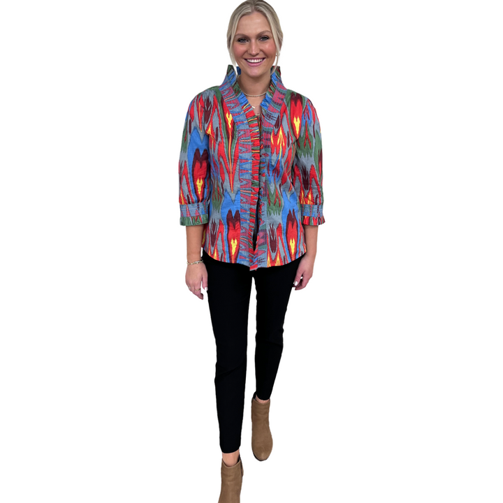 The Amelia Ruffle Front Top in Multicolored Cotton Ikat — view 3