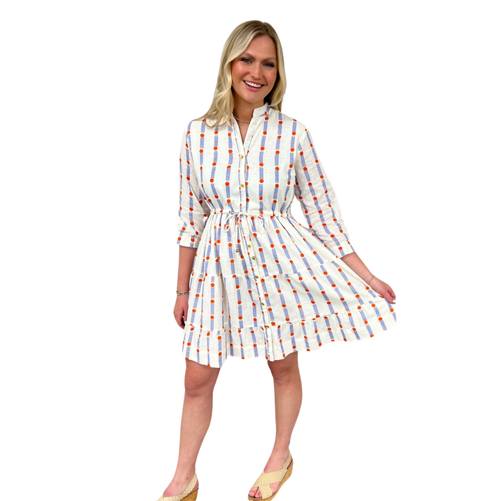 The Hamilton Cinch Waist Dress in White Patterned Jacquard — view 3
