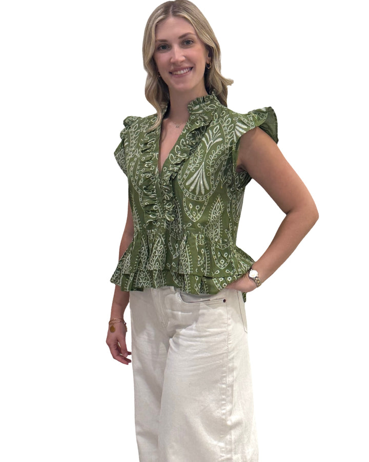 The Bella Ruffle Top in Army Green — view 4