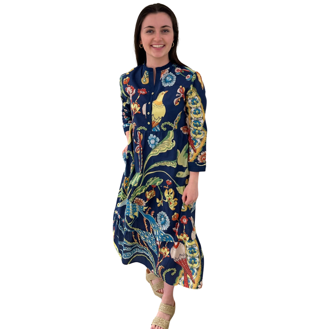 The Penny Navy Bird Print Dress in Blue Bird Floral — view 3