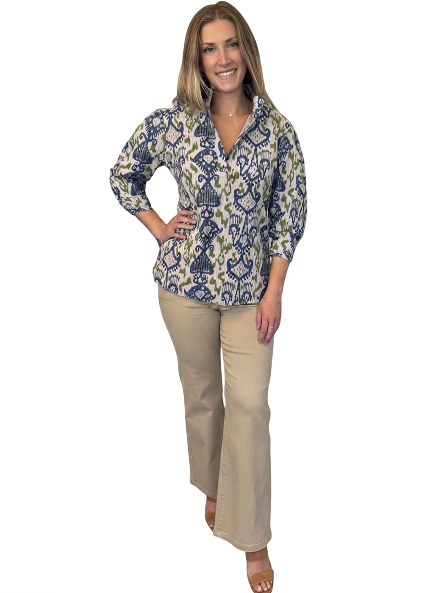 The Shipley Top in Green Blue Ikat Cotton