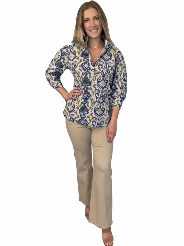 The Shipley Top in Green Blue Ikat Cotton