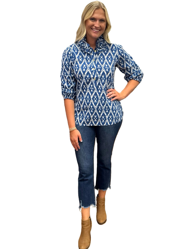 The Maria Ruffle Neck Blouse in Royal Blue and White