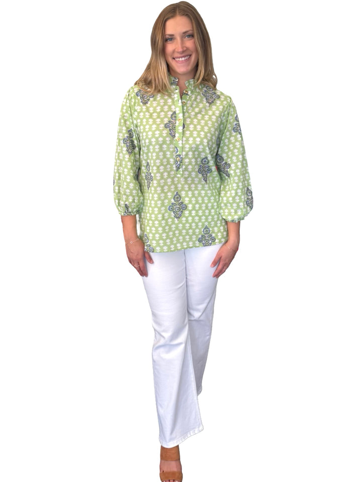The Tricia Cotton Top in Light Green Hand Block Printed Cotton