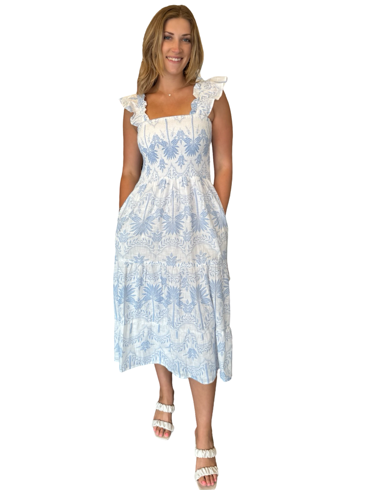 The Cloey Smocked Midi Length Dress in Blue Palm Print — view 4