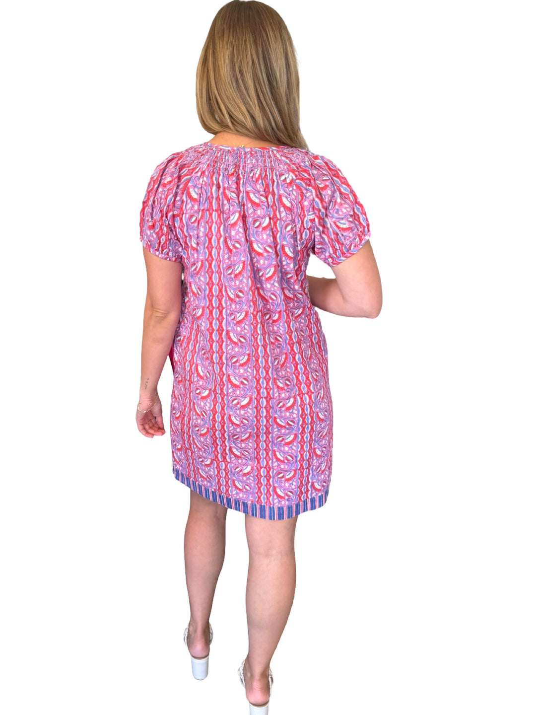 The Michelle Smocked Neck Dress in Pink Multi Hand Block — view 5