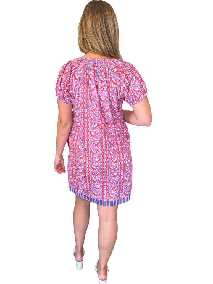 The Michelle Smocked Neck Dress in Pink Multi Hand Block — view 5