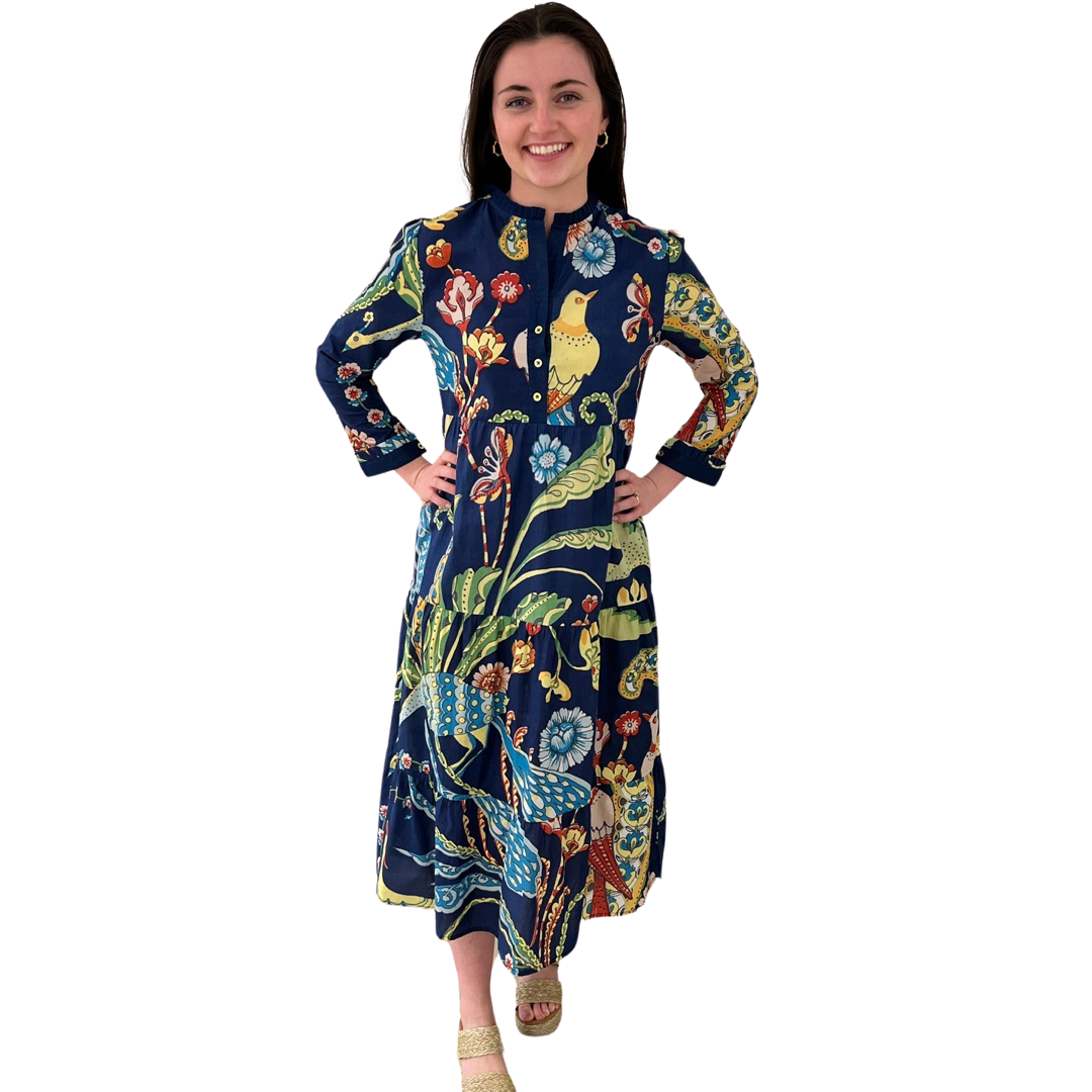 The Penny Navy Bird Print Dress in Blue Bird Floral