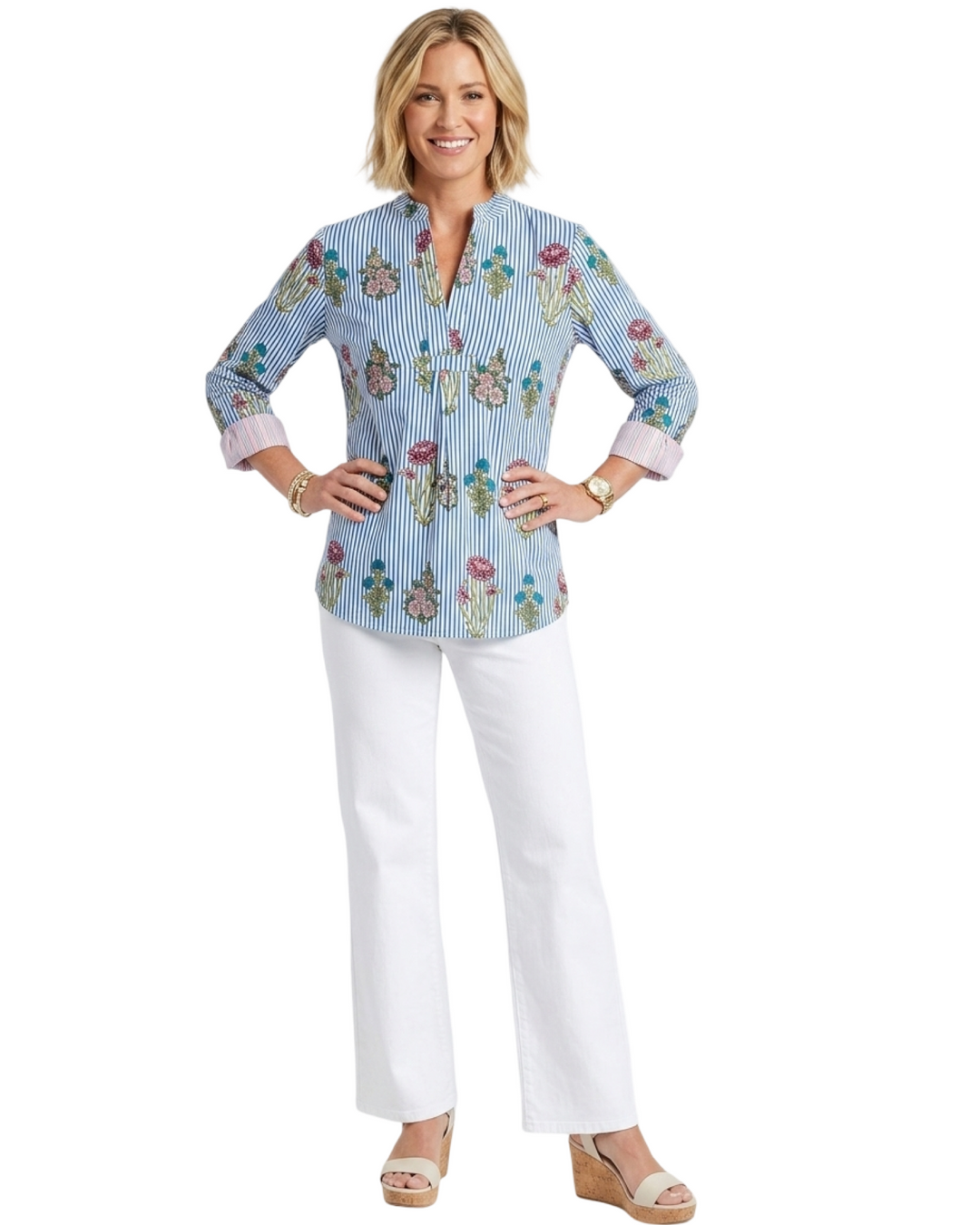 The Eloise Cotton Hand Block Printed Top in Blue Striped Floral