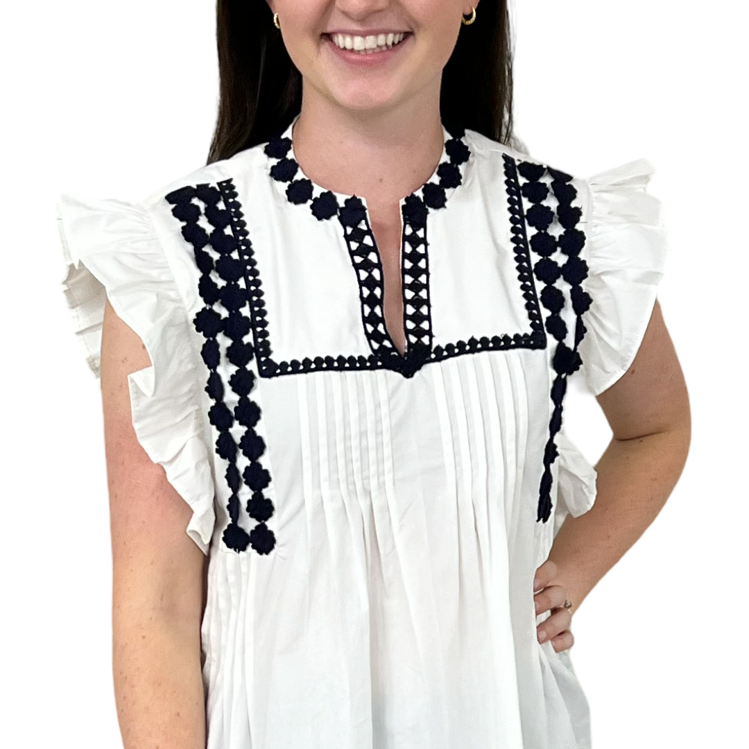 The Huntley White Flutter Sleeve Top with Navy Crochet Trim — view 3