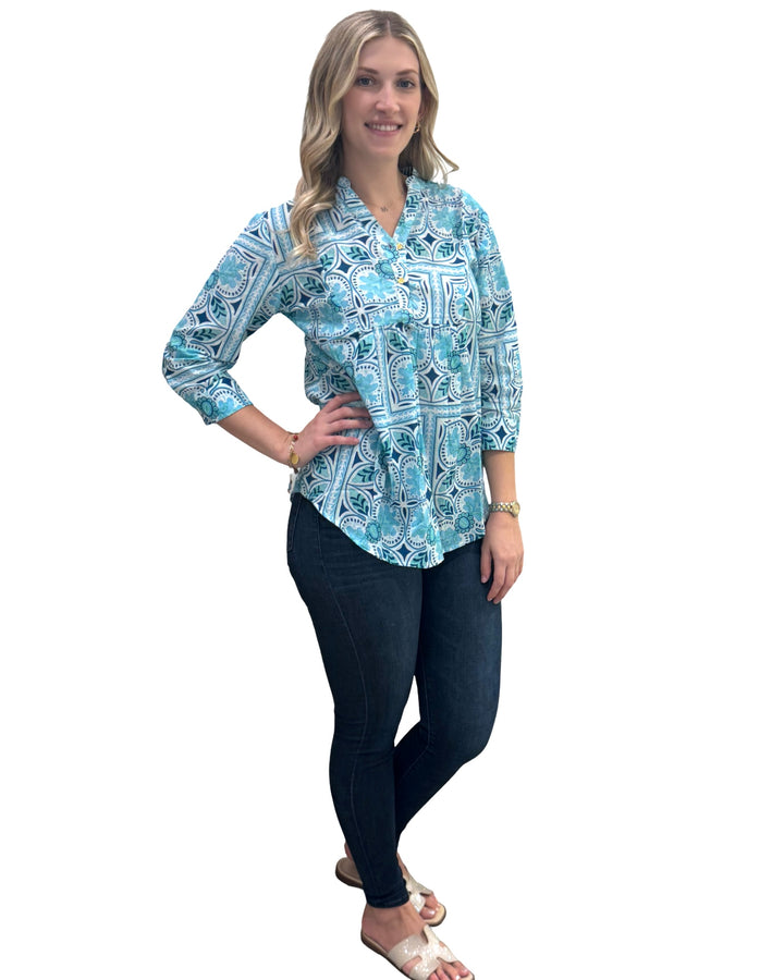 The Elliott Cotton Top in Aqua Tile Print — view 6