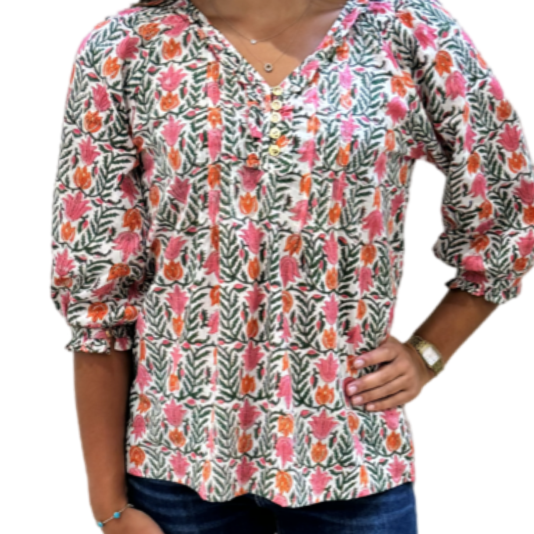 The Izzy Button Front Top in Coral Green Hand-Blocked Cotton — view 4
