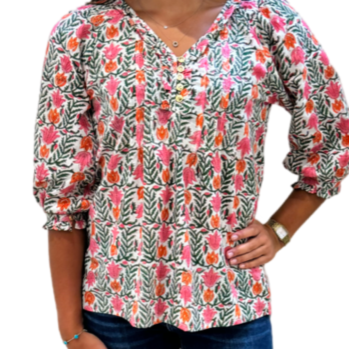 The Izzy Button Front Top in Coral Green Hand-Blocked Cotton — view 4