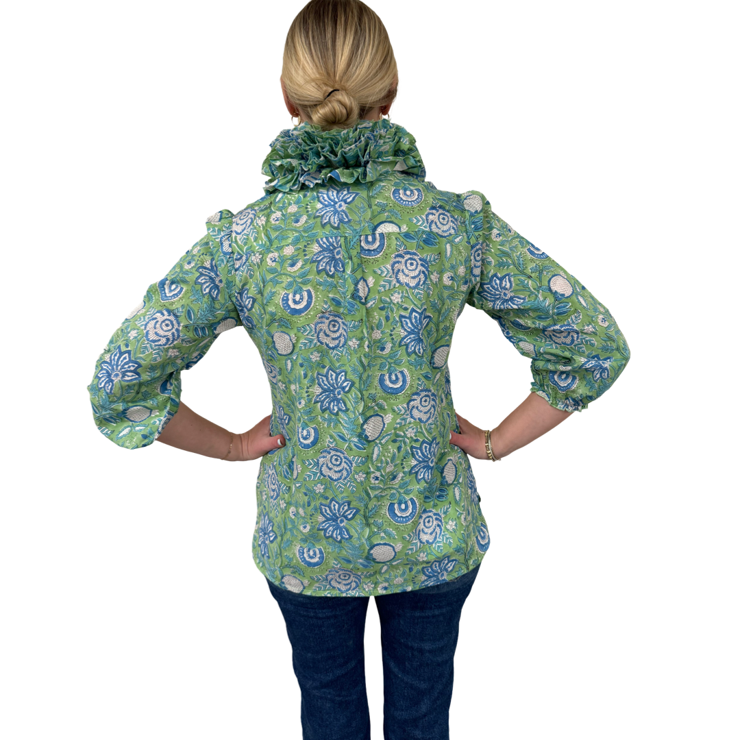 The Maria Ruffle Neck Cotton Top in Celery Floral Hand Block — view 5