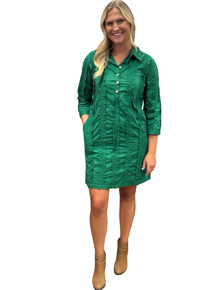 The Annika Button Front Shirt Dress in Emerald Green Ruffled Cotton