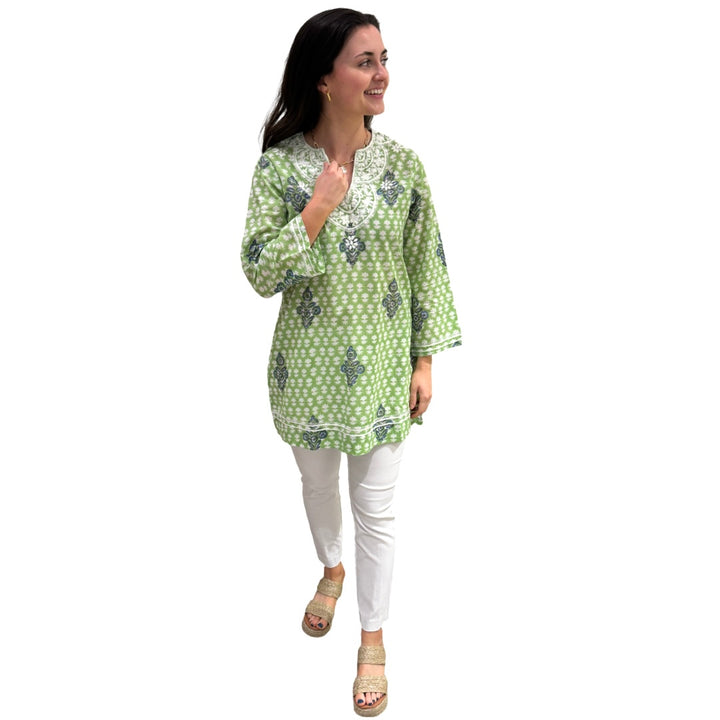 The Key Largo Embroidered Tunic in Light Green Hand Blocked Cotton — view 3