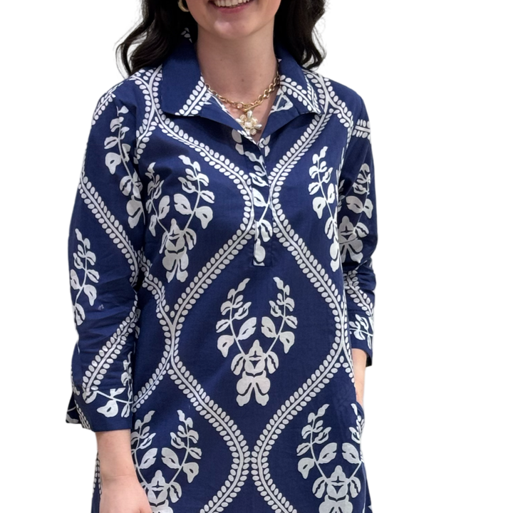 The Lisette Cotton Easy Fit Dress in Violet Blue and White — view 2